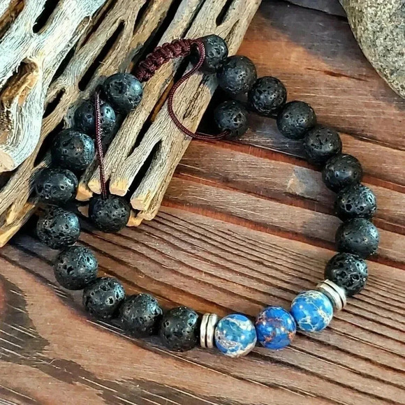 Handcrafted Chakra Bracelet Blue Aqua Terra Jasper Black Lava - Picture 3 of 7